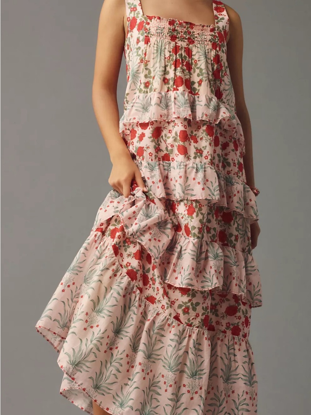 Anthropologie Pink Floral Tiered Maxi Dress with Red Blooms